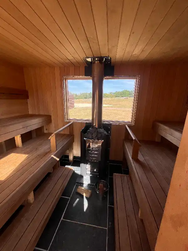 Inside one of the wood-fired saunas at Balta Chill
